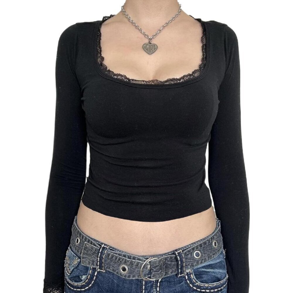 Women Y2K Long Sleeve Crop Top Polyester Blend Slim Fit Casual Streetwear
